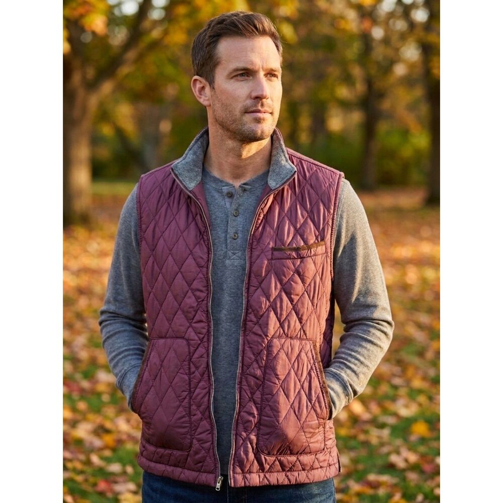Tasso Elba Mens Quilted Hybrid Vest Medium Macys Exclusive Mauve Grey Full Zip